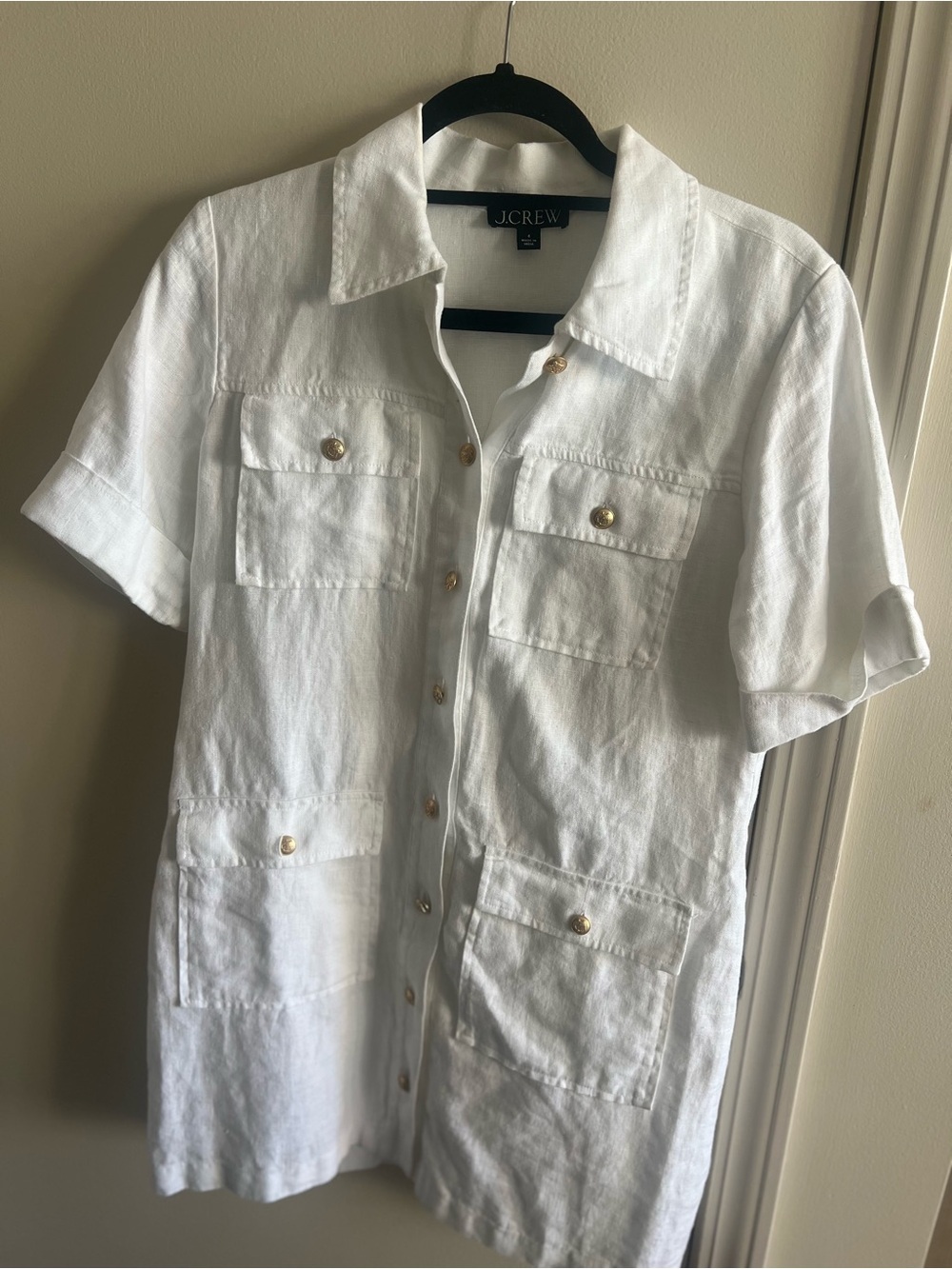 J.Crew White 100% Linen Utility Safari Shirt Dress Gold Buttons Size 4